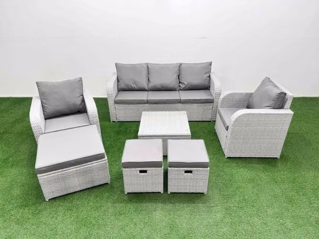 Fimous PE Rattan Garden Furniture Set in Light Grey with 3-Seater Sofa, Coffee Table, and Ottoman