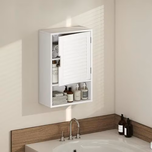 HOMCOM Modern White Wall Mounted Bathroom Cabinet with Roll Shutter and Internal Shelves W: 40 cm, D: 20 cm, H: 60 cm – 3