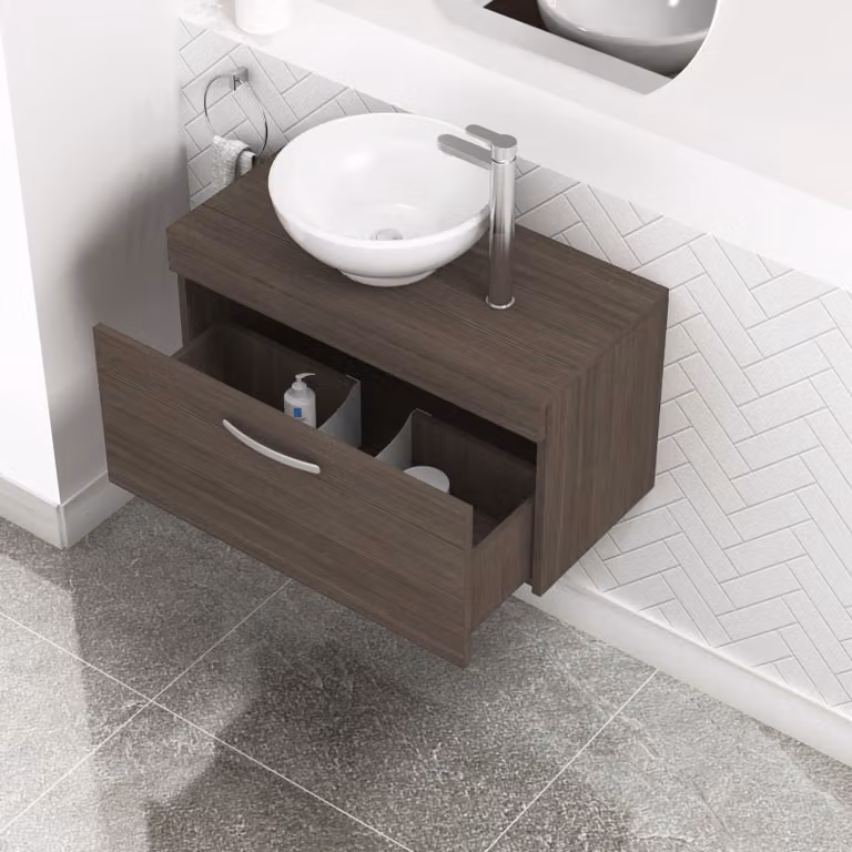 Royal Bathrooms Turin Grey Elm Wall Hung 1-Drawer Unit and Round Countertop Basin Set