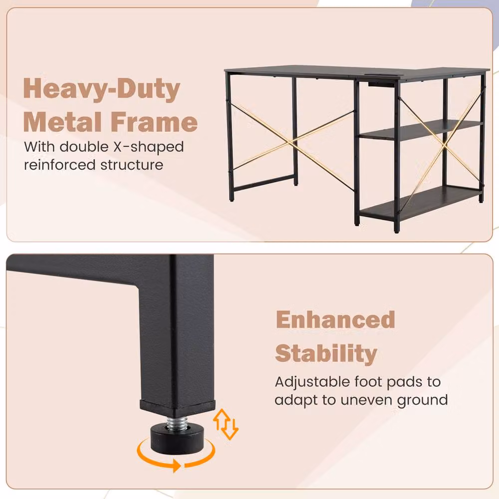 Costway L-shaped Corner Computer Desk with Power Outlet and Reversible Shelves in Black – 6