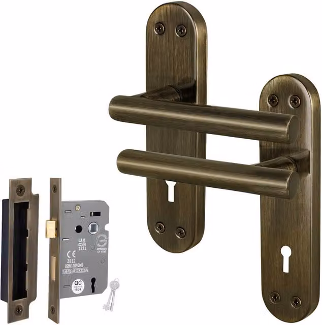 AFIT T-Bar Antique Brass Lock Backplate Handles Set in Bronze, W/D/H: 15 x 15 x 15 cm
