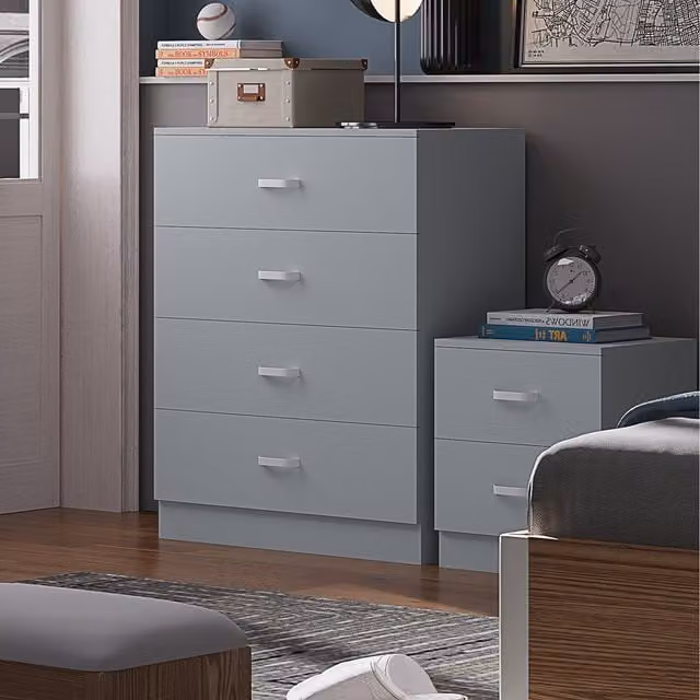 FWStyle Large 4 Drawer Modern Chest of Drawers in Grey with Metal Curved Handles