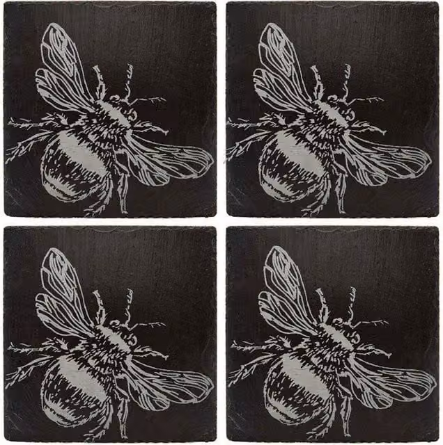 Selbrae House Set of 4 Square Slate Coasters in Grey with Bee Design