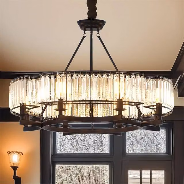 FLAVORA Modern Farmhouse Crystal Chandelier in Black Antique Metal with Transparent Crystals, Diameter: 60 cm