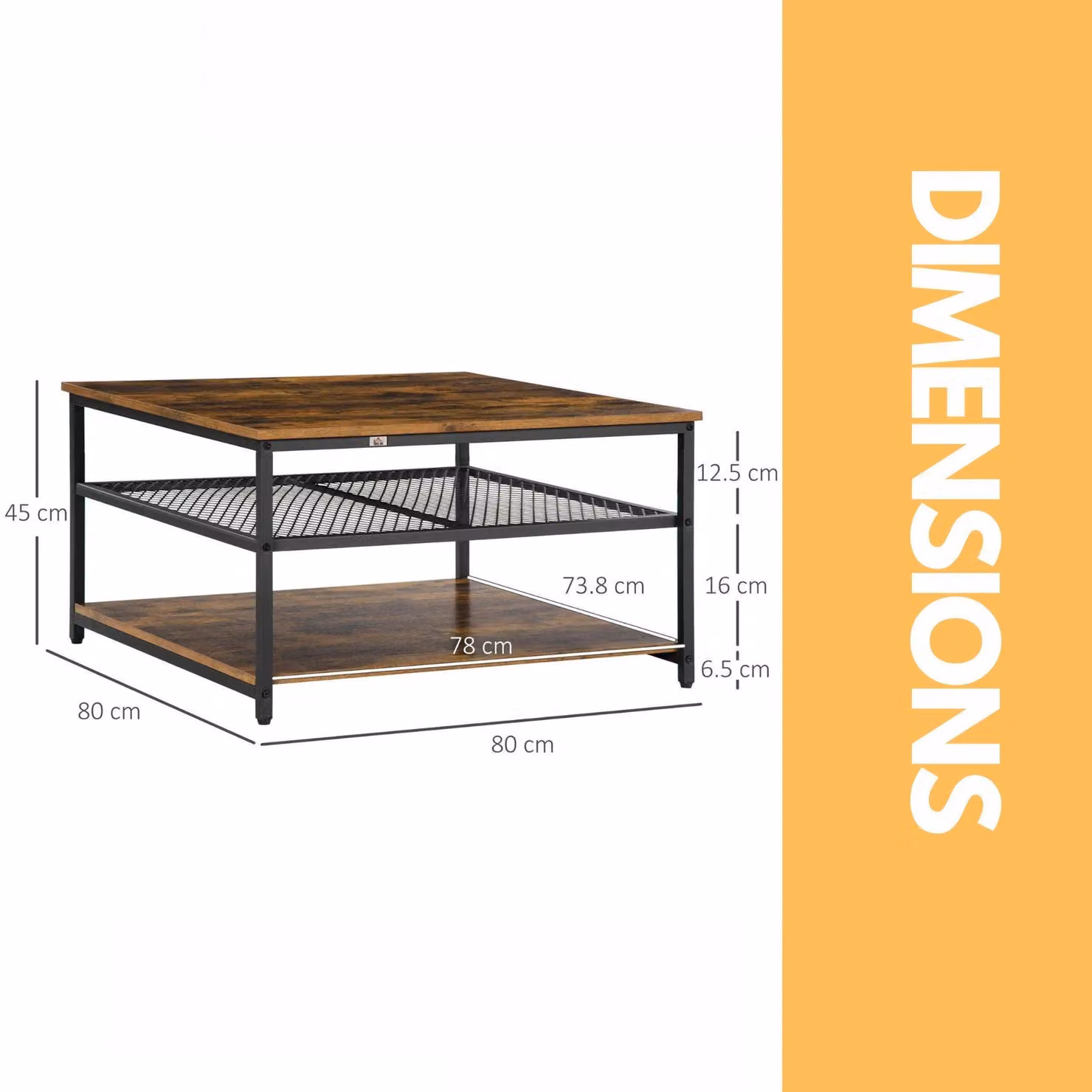 Pirlo Plush 3 Tier Industrial Coffee Table in Brown and Black, W/D/H: 80 x 80 x 45 cm – 4