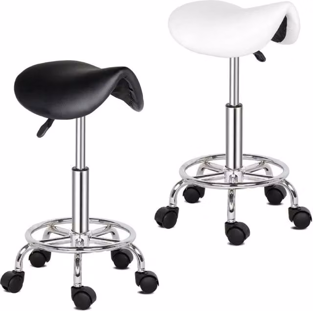 NESTLUNE Set of 2 White Synthetic Leather Saddle Salon Stools for Hairdressing, Height: 100 cm, Diameter: 15 cm