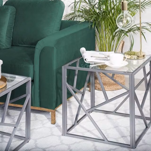 Wyld and Coco Modern Square Side Table with Transparent Glass Top and Silver Geometric Iron Base – 1