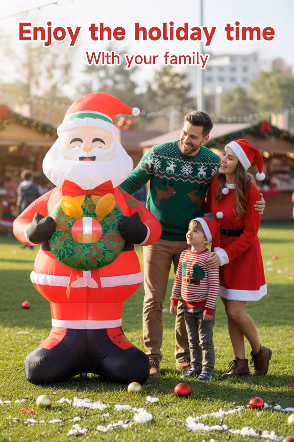 Living and Home Lighted Christmas Inflatable Santa Holding Wreath Decoration, Red, Height: 240 cm – 3