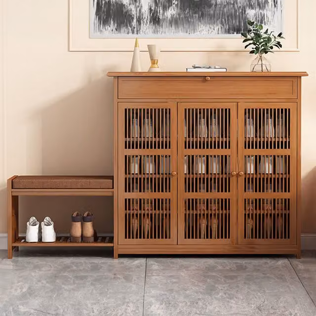 Livingandhome Bamboo Storage Shoe Cabinet with Bench in Brown