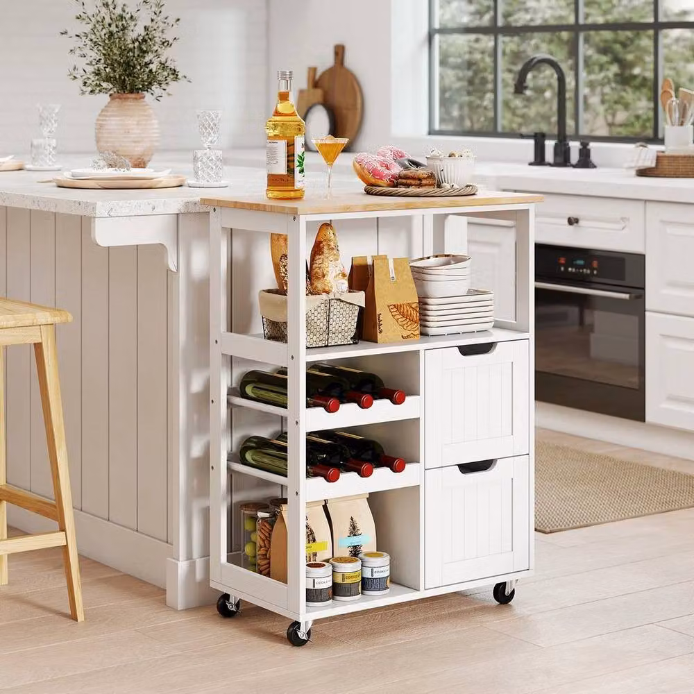 KORVIXA Rolling Wood Top Serving Trolley and Microwave Stand in White, W/D/H: 100 x 100 x 3 cm – 2