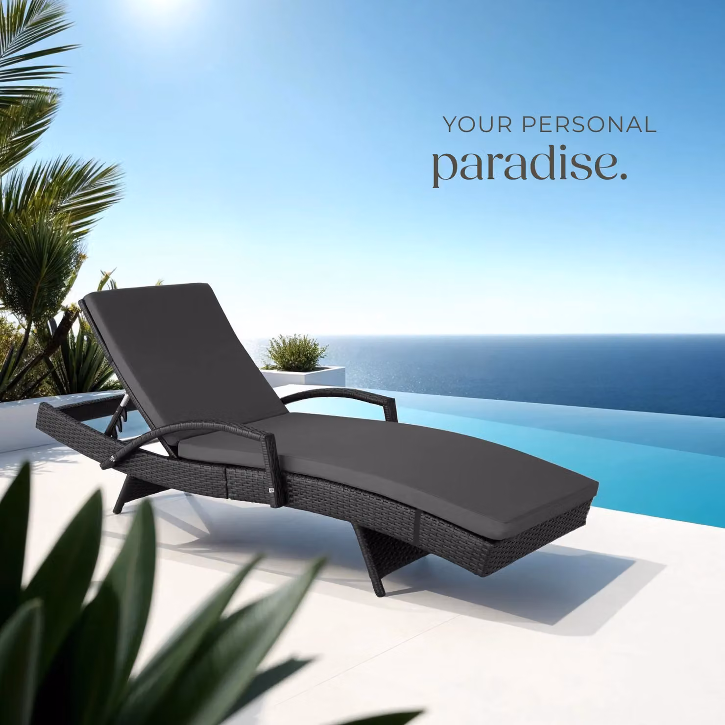 tectake Océane 1 Seater Aluminium Rattan Sun Lounger in Black and Grey with Adjustable Headrest – 8