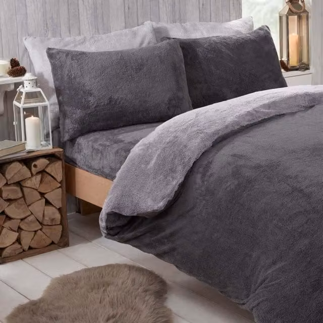 Brentfords Reversible Teddy Fleece Duvet Set and Pillowcase in Grey, W/D/H: 140 x 200 cm