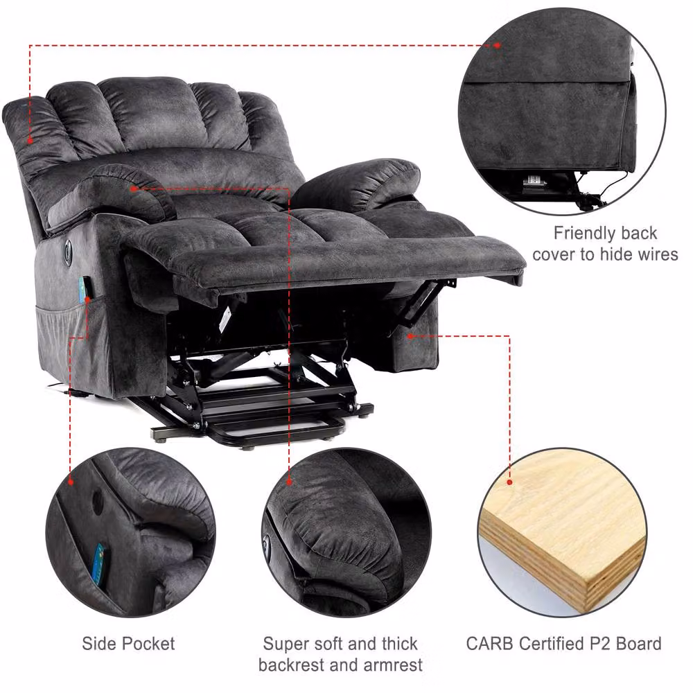 Merax Grey Fabric Power Lift Recliner Chair with 8-Point Massage, Lumbar Heat and USB – 4