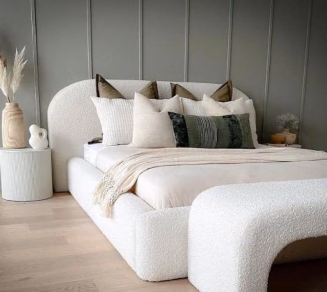 HOB Furniture Lucian Curved King Size Bed in Cream Oat Boucle Teddy Fabric