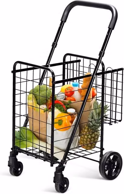 Costway Folding Portable Double Basket Grocery Utility Shopping Cart in Black – 1