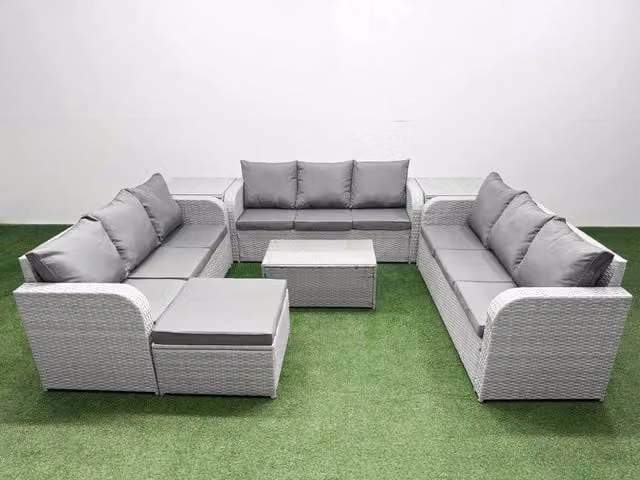 Fimous 10 Seater PE Rattan Garden Furniture Set in Grey with 3 Seater Sofa, Coffee Table, Ottoman and Side Tables