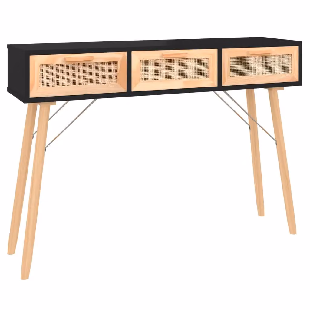 Berkfield Home Black Console Table in Solid Pine and Natural Rattan, W/D/H: 105 x 30 x 75 cm – 2