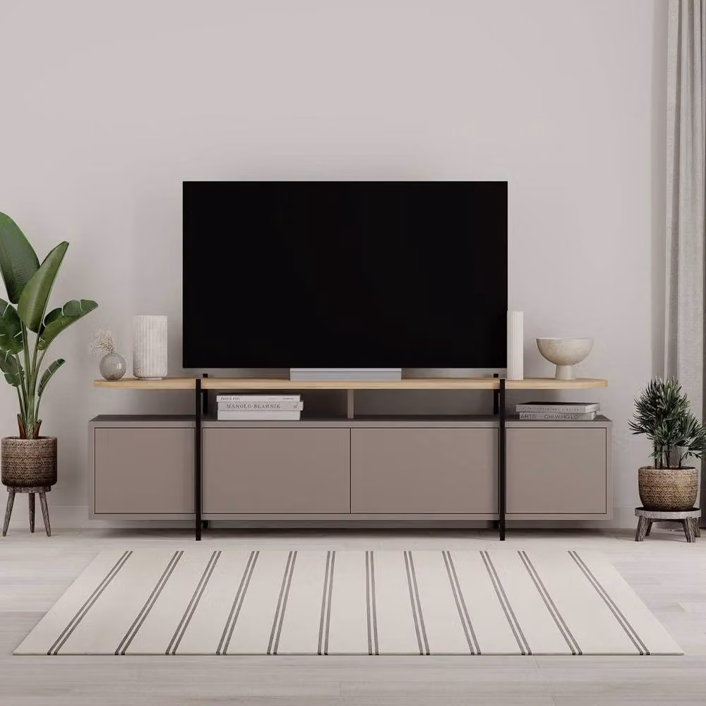 Calicosy Hinoa Modern TV Stand with 4 Doors and Metal Legs, Beige, W: 160 cm, D: 38.5 cm, H: 48 cm – 2