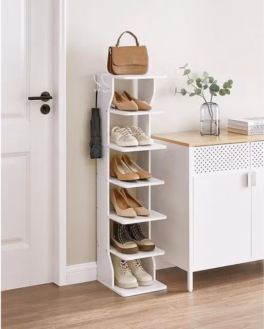 The Bazaarist 7-Tier Slim Vertical White MDF Shoe Rack with Back Panel and Hooks
