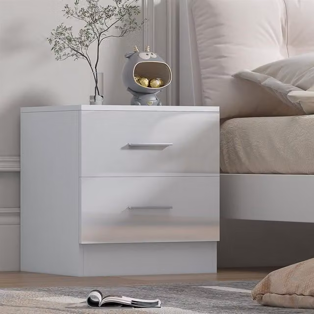 Reflect 2 Drawer Bedside Table in White Gloss and Matt White, H 48.5 cm x W 45 cm x D 39.5 cm