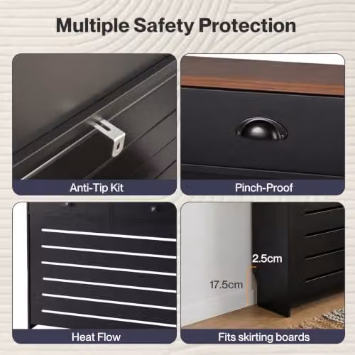 Levede Wooden Radiator Cover with 2 Drawers, Black and Brown MDF Storage Cabinet, W: 111.5 cm, H: 96.5 cm, D: 19.5 cm – 5