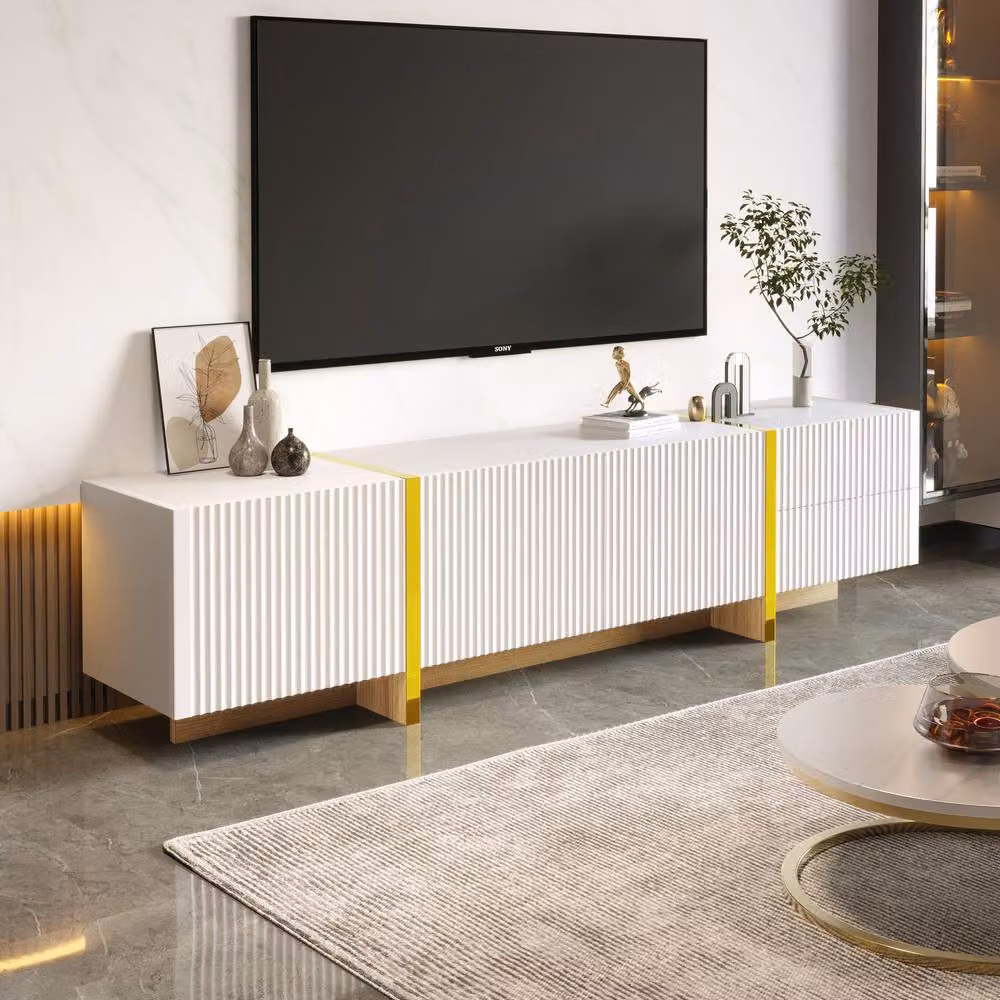 Rolipo Modern White Glossy TV Cabinet with 3 Doors, 2 Drawers and Gold Accents, W: 190 cm, H: 45 cm, D: 35 cm – 3