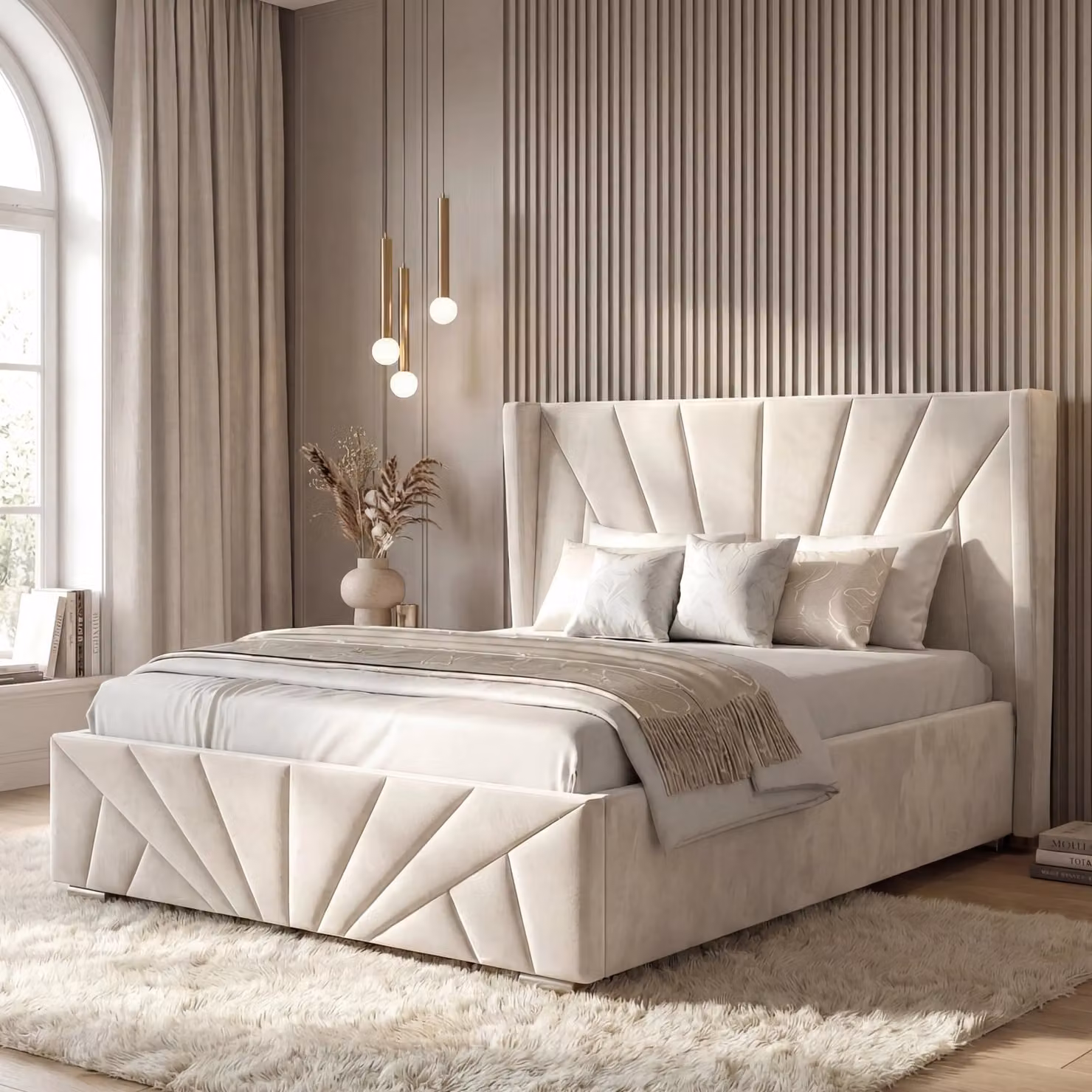 DHS Sunrise Velvet Ottoman Storage Bed Frame, Double (140 x 200 cm), Beige
