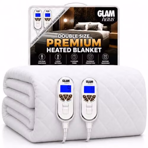 GlamHaus Double Electric Blanket Fitted Mattress Cover in White, Cotton, W/D/H: 140 x 200 cm – 1