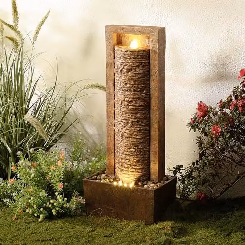 Teamson Home Brown Outdoor Water Feature Tall Cascade Waterfall Fountain with Warm LED Lights and Layered Rock Design – 2