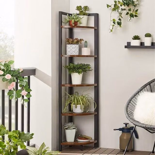 VASAGLE 5 Tier Corner Bookcase and Multipurpose Plant Rack in Rustic Brown, H 150 x W 30 x D 30 cm