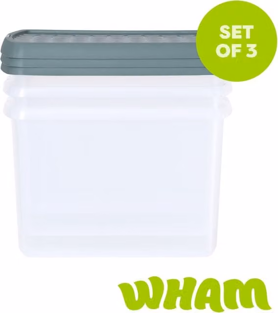 Wham Set of 3 Stackable Rectangular Plastic Storage Boxes with Clip Lock Lids, 21.5L Each, Green and Transparent – 1