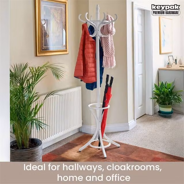 Nordara White Wooden Coat Rack Tree with 12 Hooks, Height: 185 cm