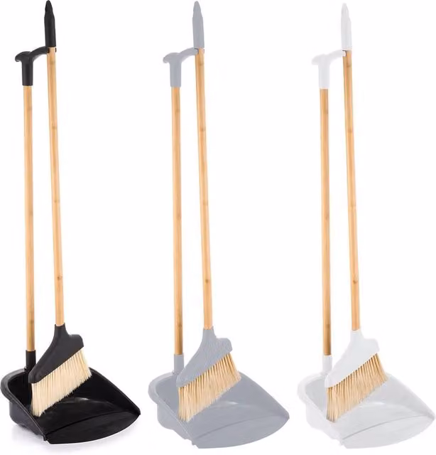 EONLION Bamboo Tube Floor Dustpan and Broom Brush Set in White