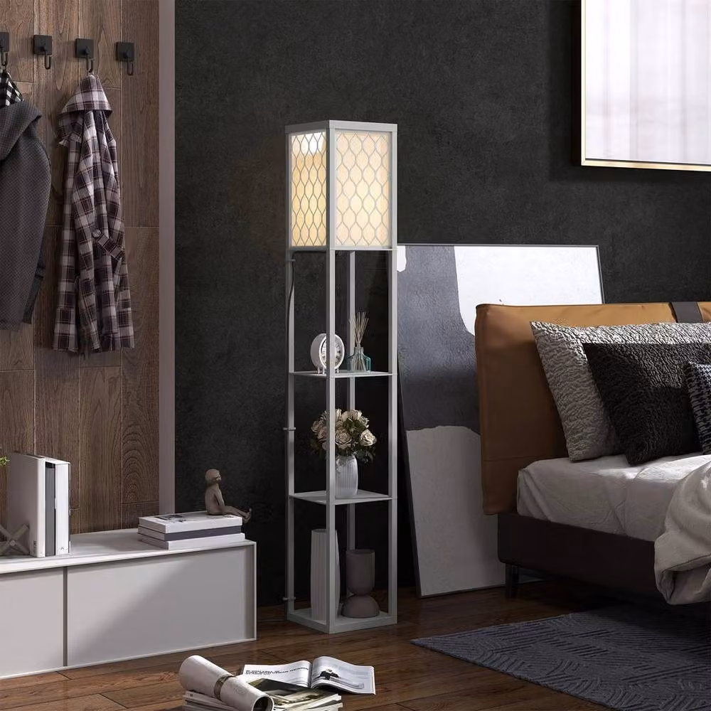EONLION Modern Floor Lamp with Shelves and Grey Fabric Lampshade – 3