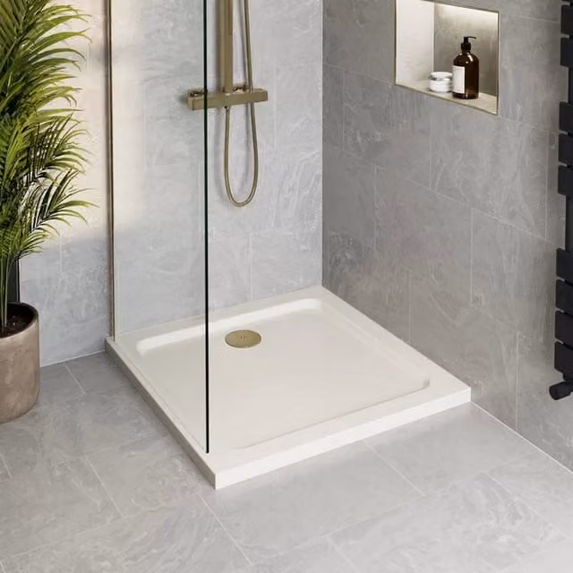 Hydrolux Non-Slip Square Shower Tray with Brushed Brass Waste, White and Gold, W: 76 cm x D: 76 cm, H: 4.5 cm