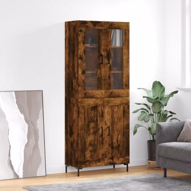 Berkfield Home Smoked Oak Highboard in Brown with Glass Doors, W/D/H: 69.5 x 34 x 180 cm