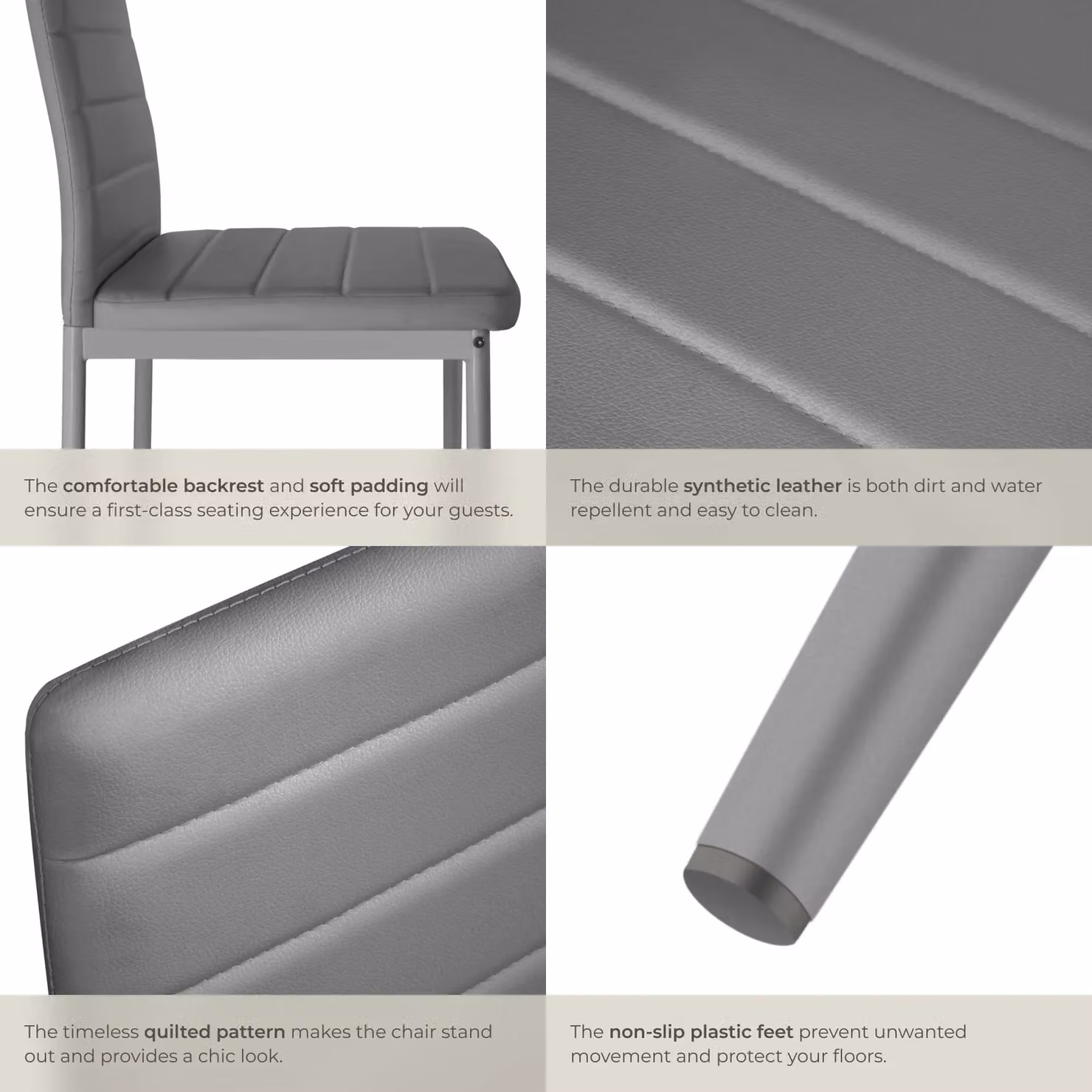 tectake Thomas Set of 4 Modern Dining Chairs in Grey Synthetic Leather – 4