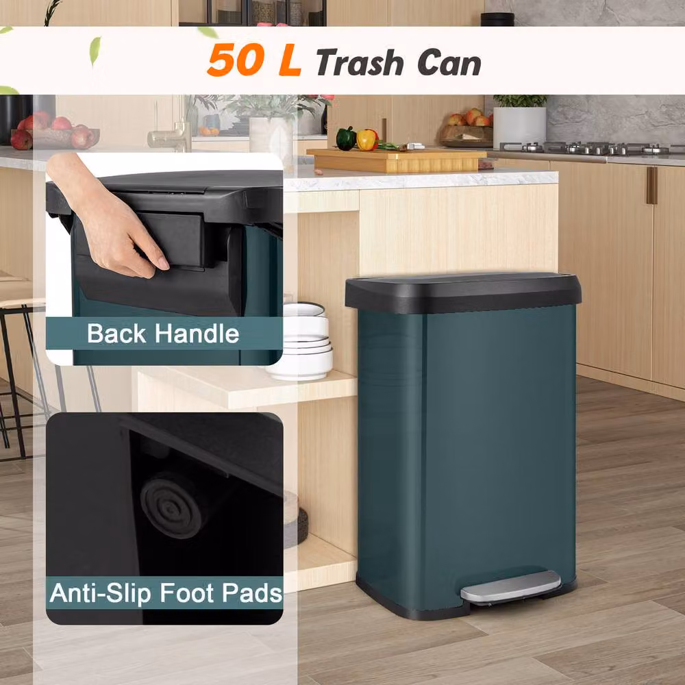 Gymax 50L Stainless Steel Corner Step Trash Can with Soft Close and Odour Filter in Dark Green – 8