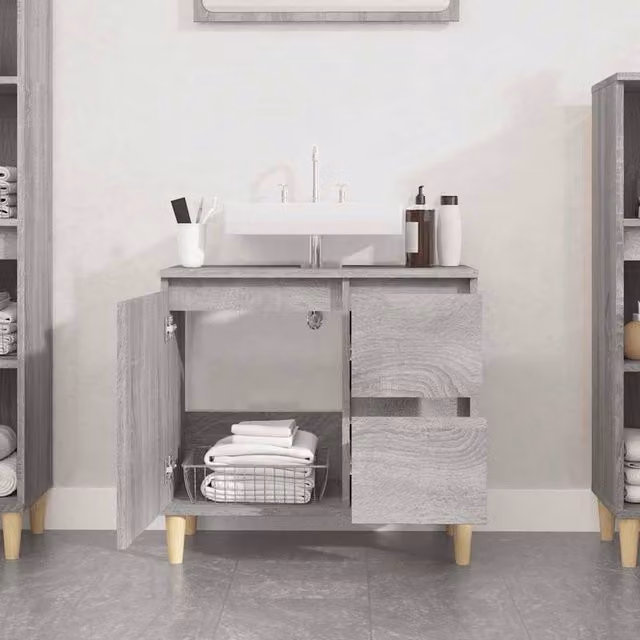 Berkfield Home Grey Sonoma Freestanding Bathroom Cabinet with Hinged Doors and Drawers, W/D/H: 65 x 33 x 60 cm