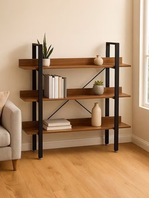 Orsina Classic 3 Tier Wall Mounted Shelf Unit in Light Yellow and Gold with Beech Grain Shelves, W/D/H: 120 x 28 x 107 cm