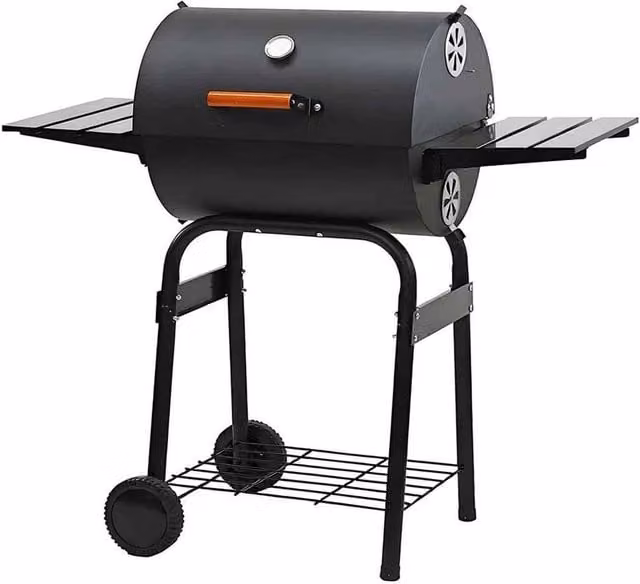 Havendro Charcoal Barrel Grill with Thermometer, Warming Rack and Wheels, Black