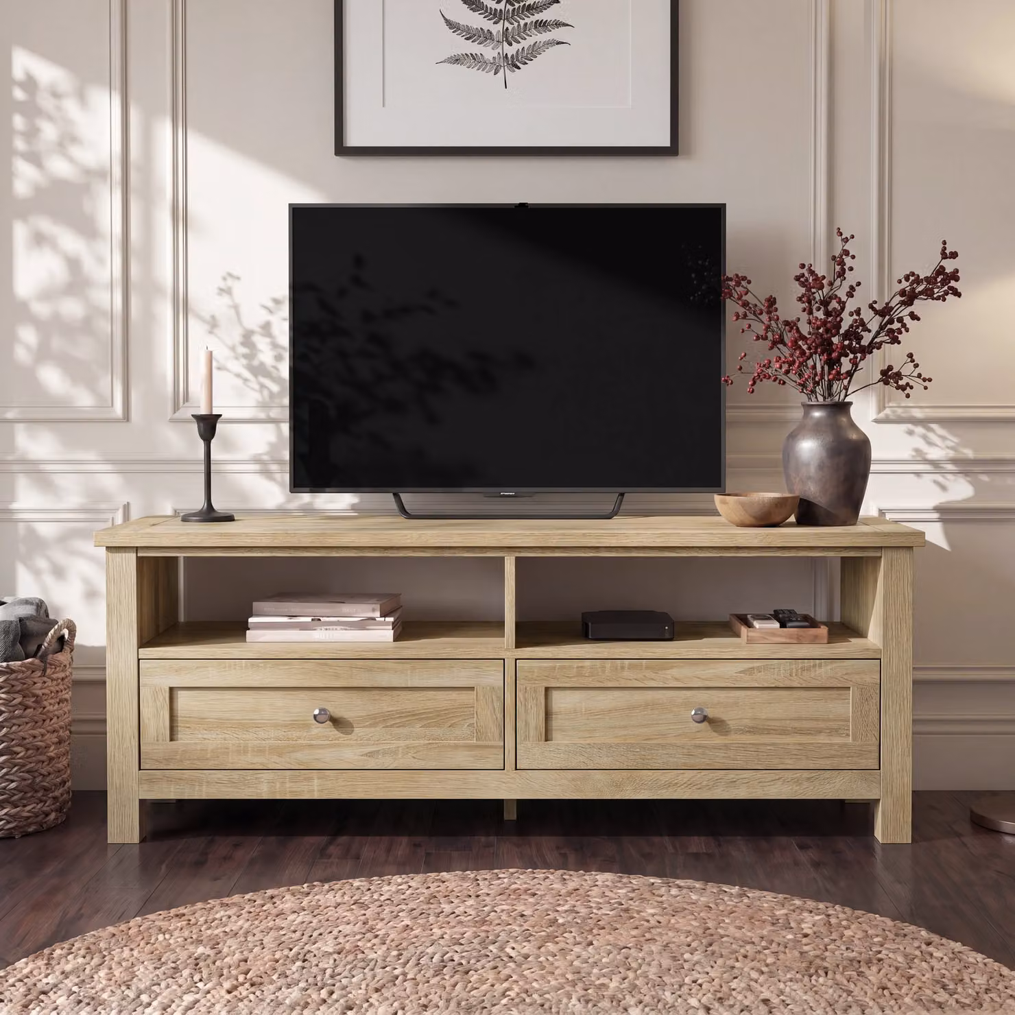 Oskara Modern TV Unit with Storage in Brown and Beige Oak Effect, W/D/H: 120 x 40 x 50 cm