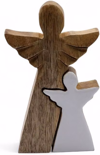 KDMD Handcrafted Mango Wood Angel Figurine with White Enamel in Brown, H 15.0 cm x W 9.0 cm x D 9.0 cm