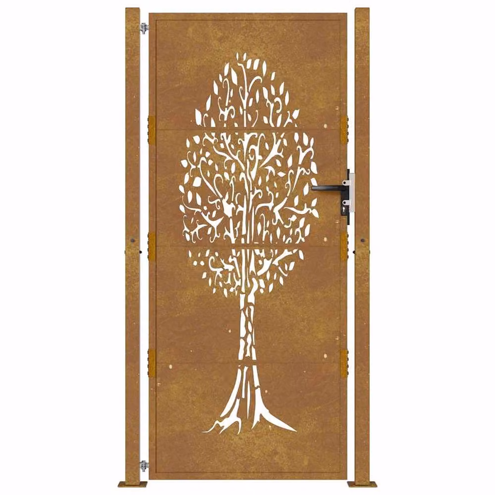 Berkfield Home Corten Steel Garden Gate with Tree Design in Brown, W: 105 cm, H: 180 cm – 3