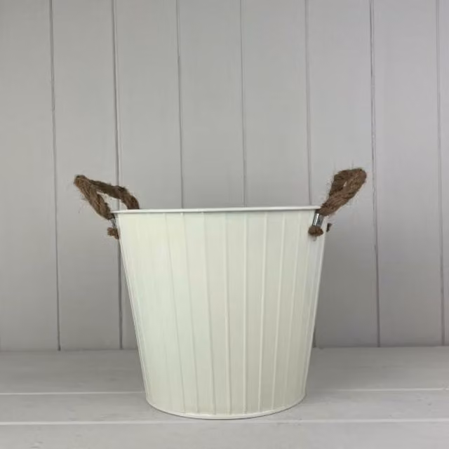 KDMD Rustic Cream Round Tapered Zinc Planter with Rope Ears and Drainage Hole
