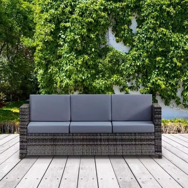 Chilli Seating 3 Seater Grey Rattan Sofa with All Weather Wicker Weave and Upholstered Cushions