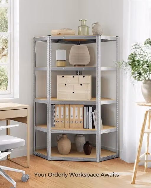 SONGMICS 5 Tier Heavy Duty Metal Garage Corner Storage Shelf with Adjustable Shelves in Silver
