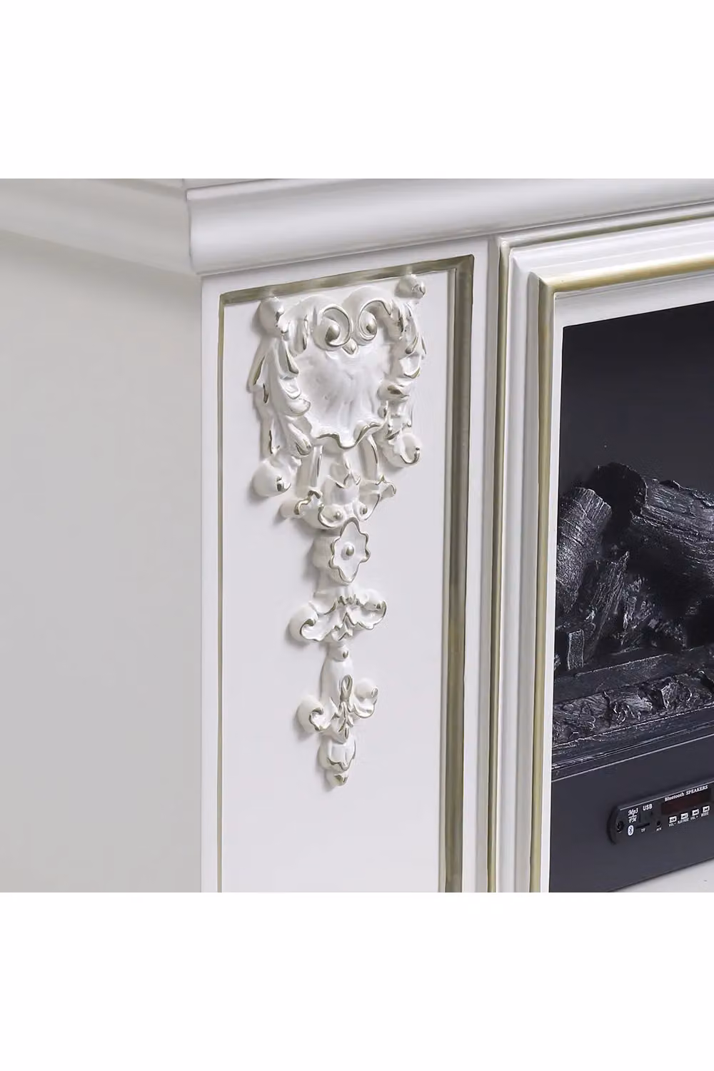 Living and Home Gold and White Natural Resin Carved Craftsman TV Stand with Adjustable Flame Electric Fireplace and Remote Control W: 180 cm, H: 60 cm – 3