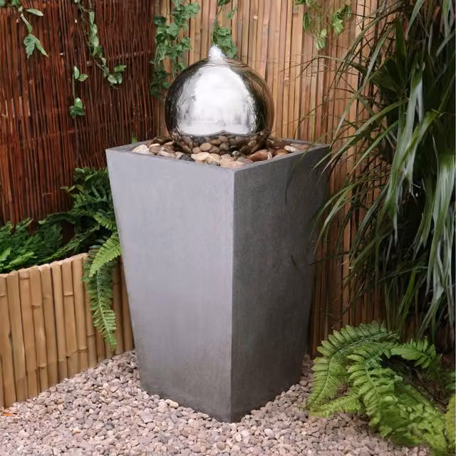 Primrose Stainless Steel Round Sphere and Column Tabletop Water Feature with Lights in Silver