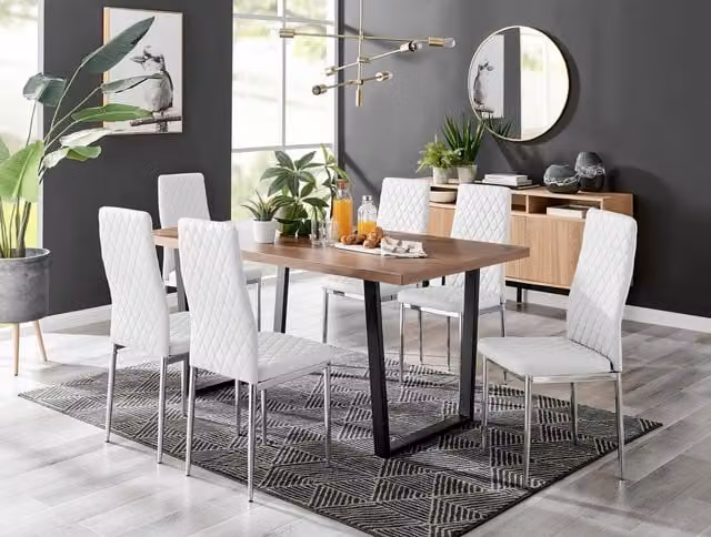 FurnitureboxUK Kylo Large Brown Wood Effect Dining Table and 6 White Faux Leather Milan Chrome Leg Chairs